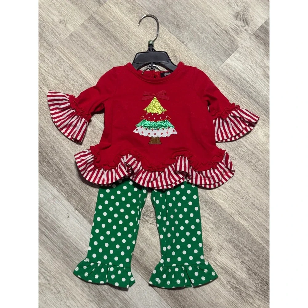 Baby Girl Christmas‎ Outfit Red Tree Ruffle Pants Set 6M